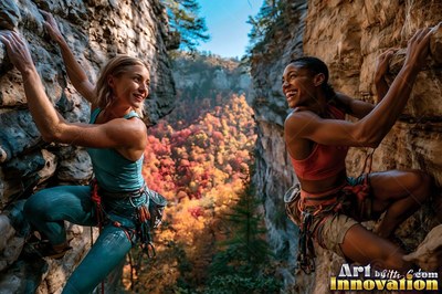 Two woman friends climb facing rock cliffs in bright sunlight above orange trees