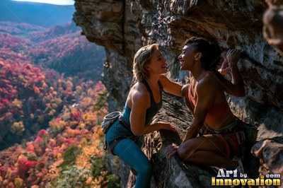 Crouched together on a cliff, two women smile above colorful fall woods