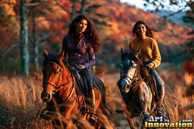 Wearing a purple jacket in autumn woods, two smiling women ride horses through tall grass