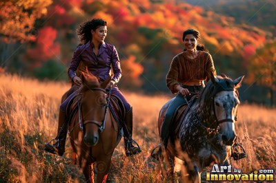 Two women ride horses through a dry grassy field lit by warm autumn sunlight