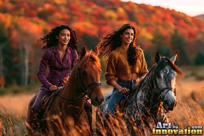Riding horses side by side in an autumn field, two cheerful women look forward