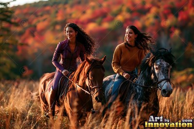 Two grinning women ride horses through tall grass before red autumn hills