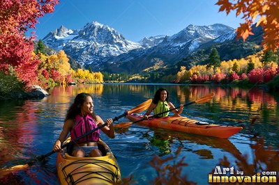 On a mountain lake, two cheerful women paddle bright kayaks in autumn sunlight