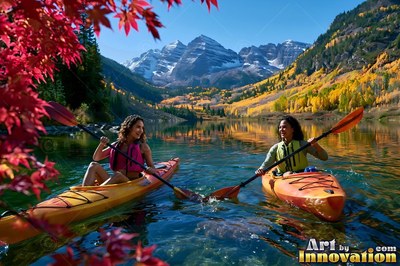 Kayaking on a clear lake, two happy women paddle near yellow trees with fall foliage