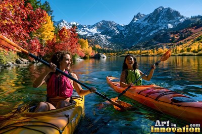 Two women kayaking on a blue mountain lake in fall