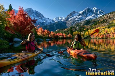 Wearing life vests, two women paddle kayaks across a mountain lake in bright autumn light