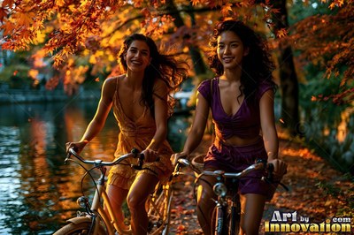 Two happy women ride bikes along a canal under orange autumn leaves