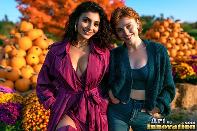 Smiling together outdoors, two woman friends pose in coats near piles of orange pumpkins