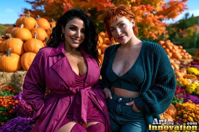 Two smiling women pose outside in front of bright orange pumpkins