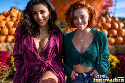 Wearing a purple coat, a woman smiles next to her friend at a pumpkin patch