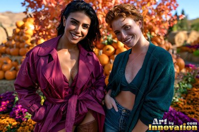Two woman friends stand smiling beside orange pumpkins in the warm afternoon sun