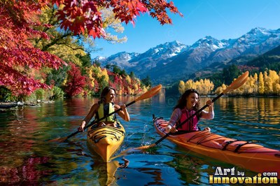 Paddling side by side, two women kayak on a clear lake beneath bright autumn leaves