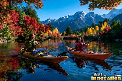 Two smiling women kayak on a clear lake beneath bright autumn trees and mountains