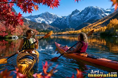 On a mountain lake, two women paddle kayaks under red autumn leaves