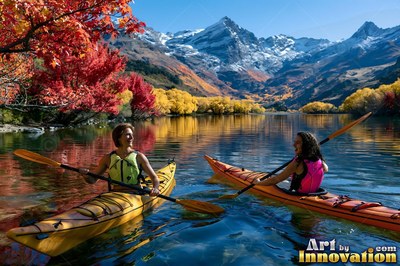 Kayaking on a clear lake, two woman friends smile under autumn trees and snowy mountains
