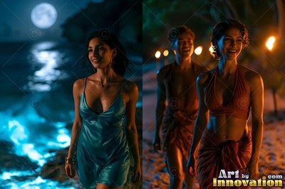 Walking forward along a night beach, women smile near blue water and torches
