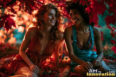 Under red autumn leaves, two grinning women sit together on a picnic blanket outdoors