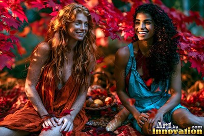 Smiling under bright red autumn leaves, two women sit together at a picnic outdoors