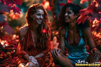 Two smiling women sit together under red autumn leaves