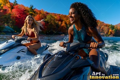 On a sunny lake by trees in autumn, two cheerful women ride jet skis