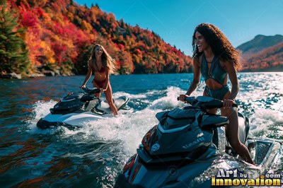 Riding jet skis across a bright blue lake, two women smile past red autumn hills