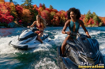 Both women sit atop jet skis across a blue lake by red trees