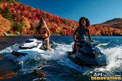 In dark swimsuits, two grinning woman riders guide jet skis across a blue lake by fall trees