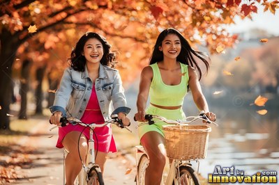 Riding bicycles side by side, two smiling women coast beneath warm trees in fall