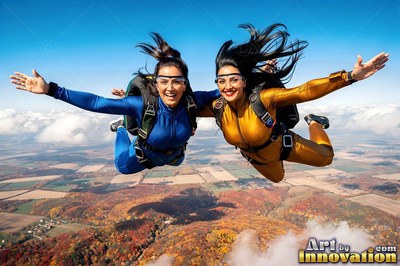 Dressed in blue and gold jumpsuits, two happy women skydive over sunny autumn fields