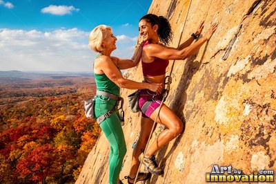 Two women smile while climbing a steep rock cliff in bright afternoon light