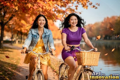 Pedaling side by side along a river path, two women smile under fall leaves