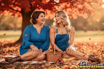 Sitting on a blanket of fall leaves, two adult women in blue laugh by a picnic basket