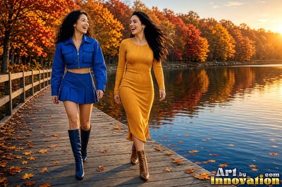 Two women walk on a lakeside dock in autumn sunshine