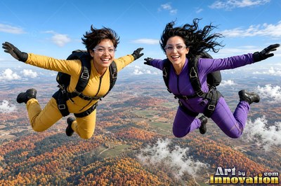 In yellow and purple jumpsuits, two smiling women skydive over autumn woods under a clear sky