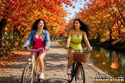 Riding bicycles side by side along a paved canal path, two smiling women under orange trees