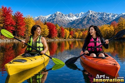 On a calm lake, two happy women paddle bright yellow and orange kayaks