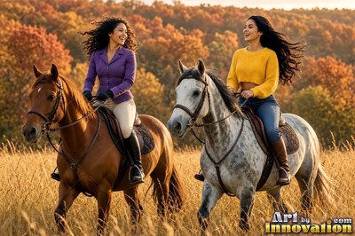 Two women are riding horses together through a sunny field