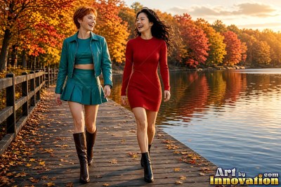 Two women walk along a lakeside wooden path in bright autumn sunlight