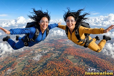 Freefalling belly-down high above autumn fields, two adult women smile in flight