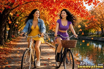 On a path beside water, two smiling women sit atop bicycles under orange autumn leaves