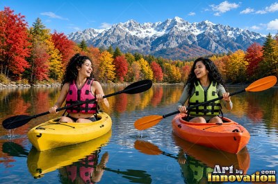 Two women kayaking on a sunny lake below snowy mountains