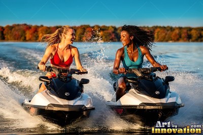 Two women sit atop jet skis side by side across a lake, laughing in the bright sunlight