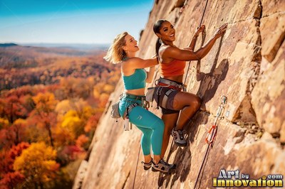Climbing a steep cliff in bright sun, two cheerful women scale the rock together