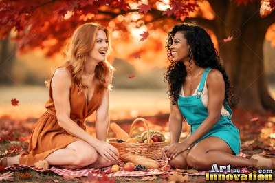 Sitting facing each other on a red picnic blanket, two grinning women enjoy autumn leaves