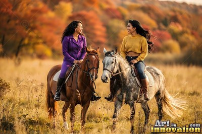 Two women in purple and yellow ride horses together in an autumn field