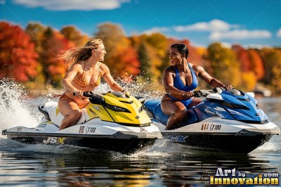 Riding jet skis on a lake, two smiling women in bikinis look at each other