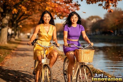 Two women in yellow and purple dresses ride bikes along a canal under autumn trees