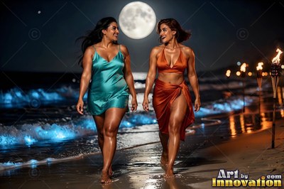 On a night beach, two adult women walk together by waves under a full moon