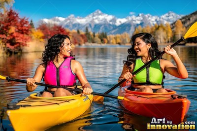 Kayaking on a mountain lake, two smiling women in pink and green vests paddle together