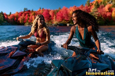 Wearing bright swimsuits, two smiling women ride jet skis on a lake past red fall trees